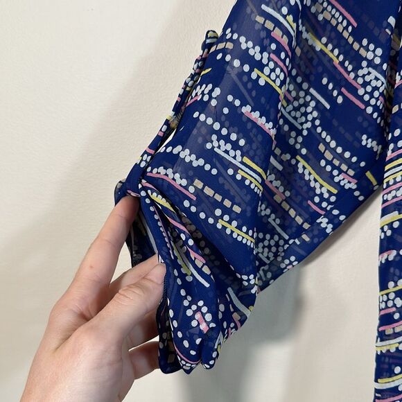 Bee Stitched Sheer Tunic Blur Yellow Pink Patterned Top Women Size Small - Picture 4 of 9